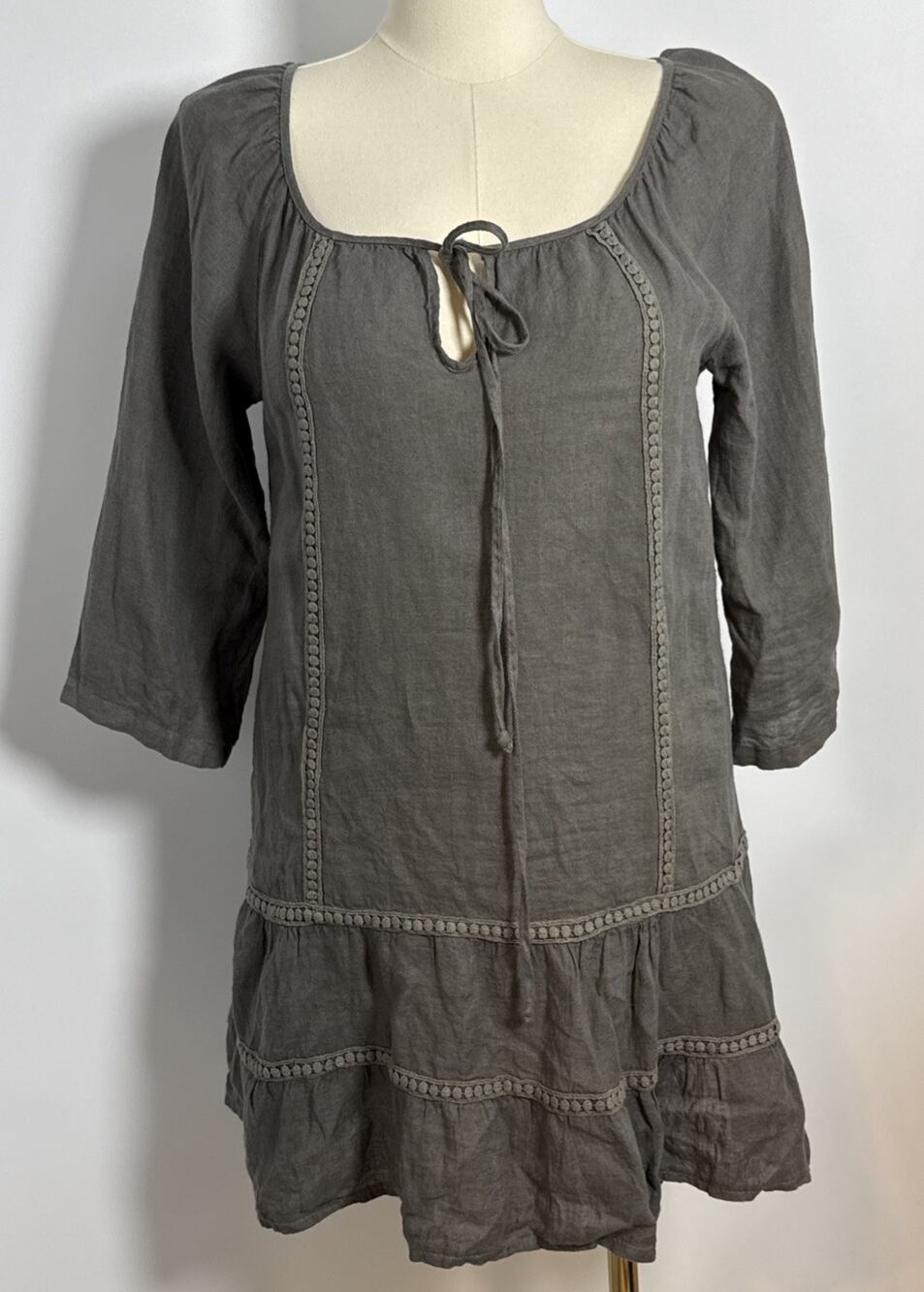 Rosemarine Italy 100% Linen Boho Tiered Mini Dress Charcoal M boho lagenlook